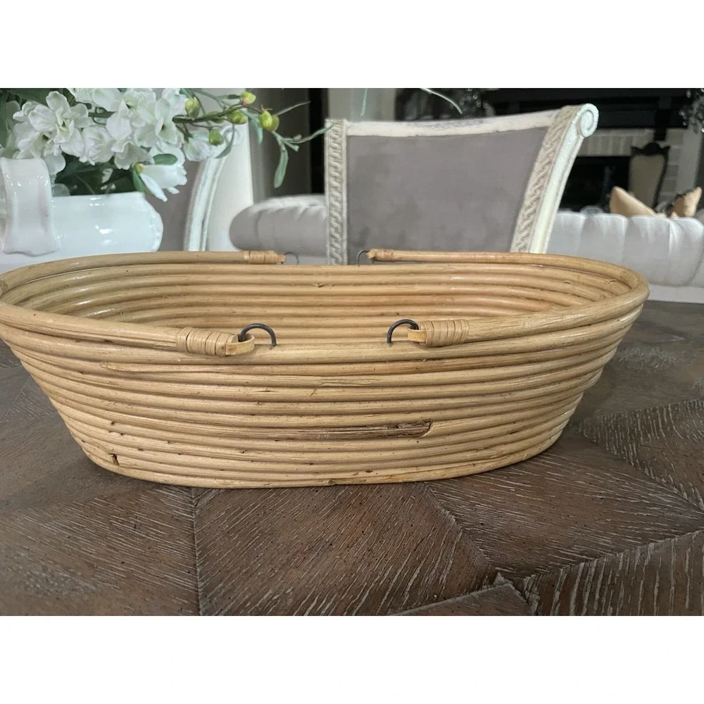 Vtg Pencil Reed Oval‎ Handled Basket Coiled Natural Bamboo Boho 1970s MCM